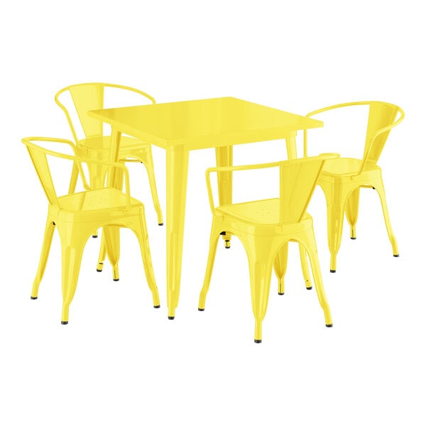 Lancaster Table & Seating Alloy Series 31 1/2" x 31 1/2" Yellow Standard Height Outdoor Table with 4 Arm Chairs
