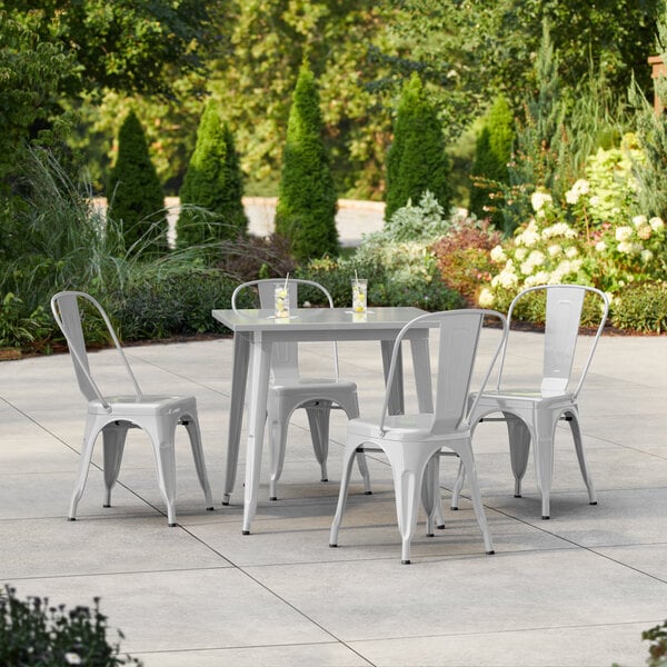 Lancaster Table & Seating Alloy Series 31 1/2" x 31 1/2" Silver Standard Height Outdoor Table with 4 Cafe Chairs