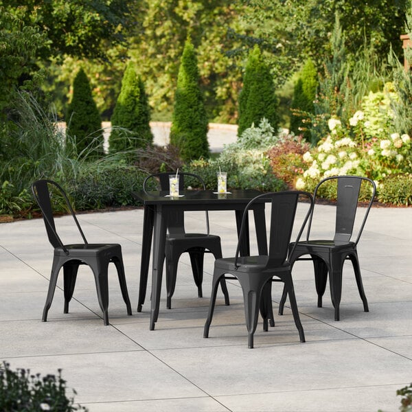 Lancaster Table & Seating Alloy Series 31 1/2" x 31 1/2" Onyx Black Standard Height Outdoor Table with 4 Cafe Chairs
