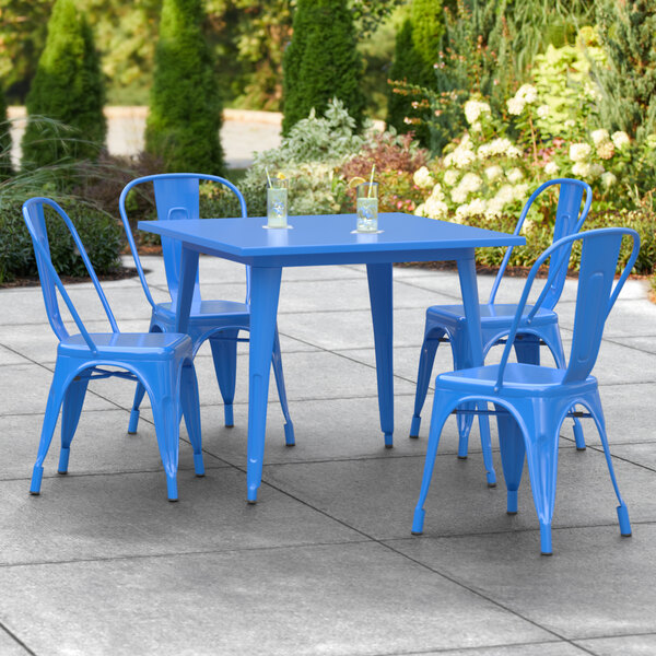 Lancaster Table & Seating Alloy Series 36" x 36" Blue Dining Height Outdoor Table with 4 Industrial Cafe Chairs