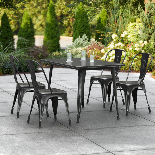 Restaurant Set of 36 Square Black Table On Heavy Duty Black Iron Cast Base  with Four X-Back Commercial-Grade Walnut Restaurant Chair -  ModernLineFurniture®