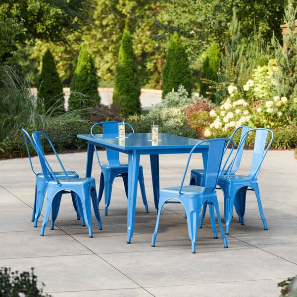 Lancaster Table & Seating Alloy Series 63" x 31 1/2" Blue Quartz Standard Height Outdoor Table with 6 Cafe Chairs