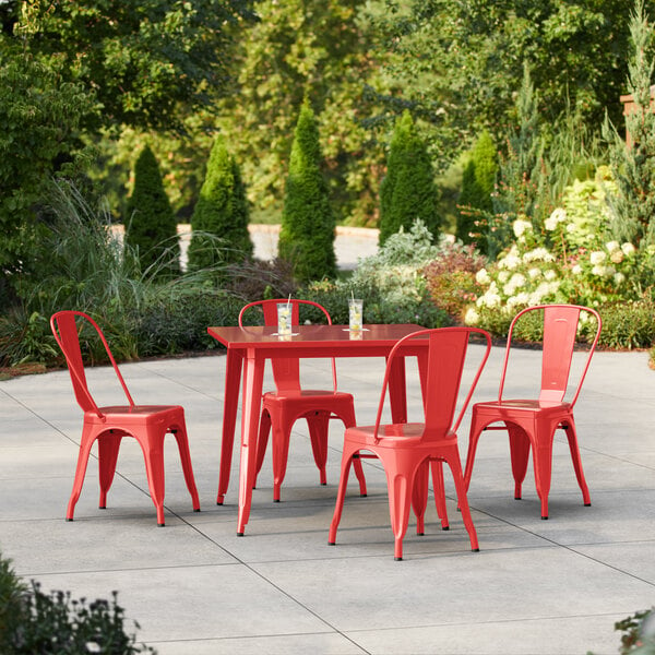 Lancaster Table & Seating Alloy Series 35 1/2" x 35 1/2" Ruby Red Standard Height Outdoor Table with 4 Cafe Chairs