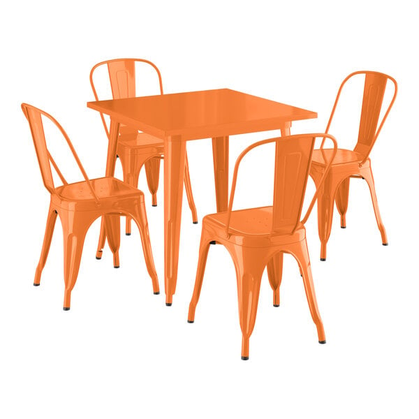 Lancaster Table & Seating Alloy Series 31 1/2" x 31 1/2" Orange Standard Height Outdoor Table with 4 Cafe Chairs