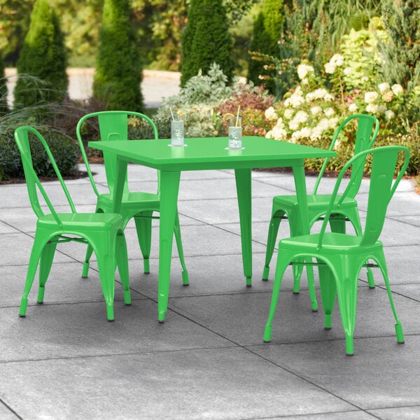 Lancaster Table & Seating Alloy Series 36" x 36" Green Dining Height Outdoor Table with 4 Industrial Cafe Chairs