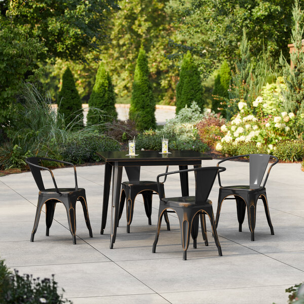 Lancaster Table & Seating Alloy Series 35 1/2" x 35 1/2" Distressed Copper Standard Height Outdoor Table with 4 Arm Chairs