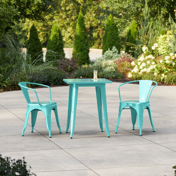 Lancaster Table & Seating Alloy Series 23 1/2" x 23 1/2" Aquamarine Standard Height Outdoor Table with 2 Arm Chairs