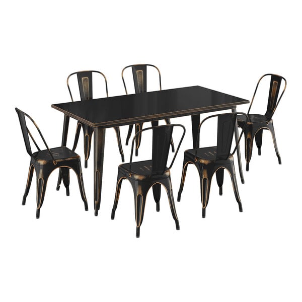 Lancaster Table & Seating Alloy Series 63" x 31 1/2" Distressed Copper Standard Height Outdoor Table with 6 Cafe Chairs