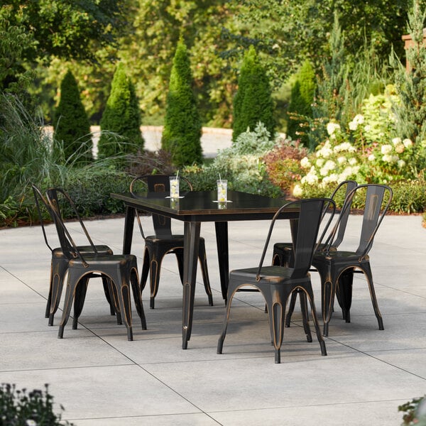 Lancaster Table & Seating Alloy Series 63" x 31 1/2" Distressed Copper Standard Height Outdoor Table with 6 Cafe Chairs