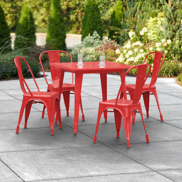 Lancaster Table & Seating Alloy Series 32" x 32" Ruby Red Standard Height Outdoor Table with 4 Cafe Chairs