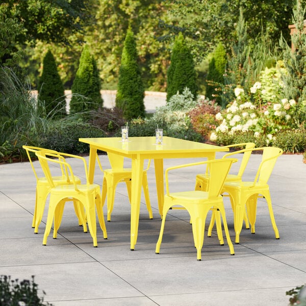 Lancaster Table & Seating Alloy Series 63" x 31 1/2" Citrine Yellow Standard Height Outdoor Table with 6 Arm Chairs