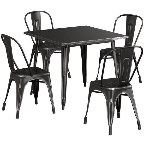Lancaster Table & Seating Alloy Series 36" x 36" Square Distressed Black Dining Height Outdoor Table with 4 Industrial Cafe Chairs