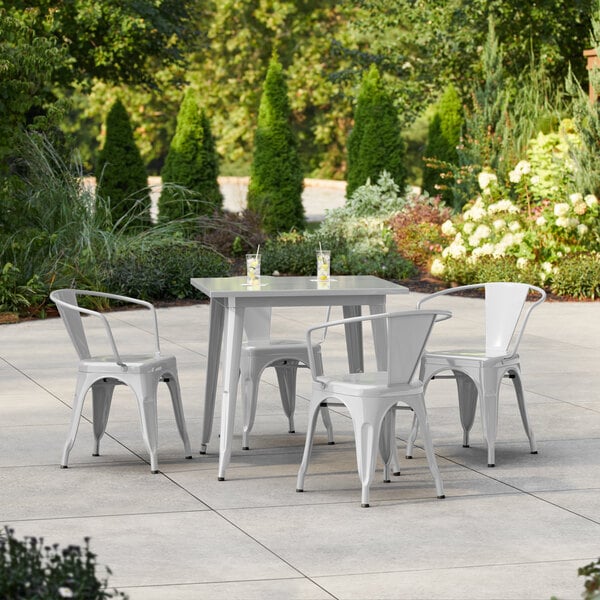 Lancaster Table & Seating Alloy Series 31 1/2" x 31 1/2" Silver Standard Height Outdoor Table with 4 Arm Chairs