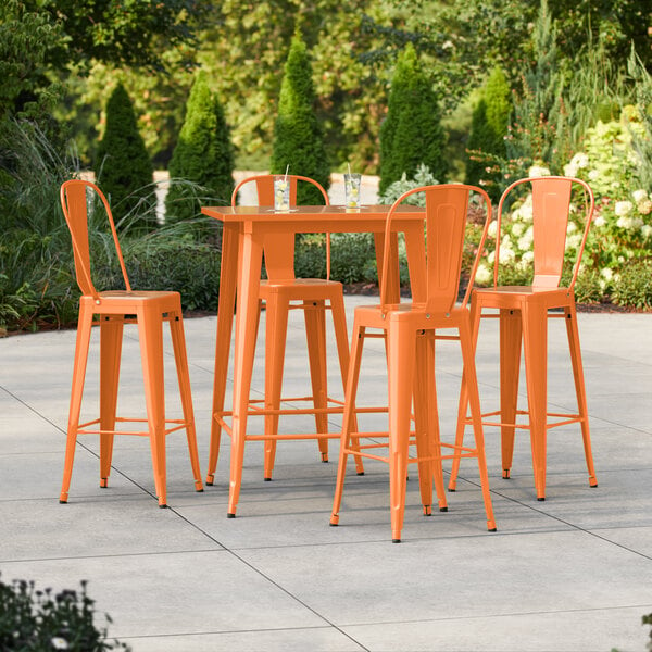 Lancaster Table & Seating Alloy Series 31 1/2" x 31 1/2" Amber Orange Bar Height Outdoor Table with 4 Cafe Barstools