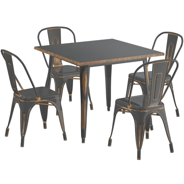 Lancaster Table & Seating Alloy Series 36" x 36" Square Distressed Copper Dining Height Outdoor Table with 4 Industrial Cafe Chairs
