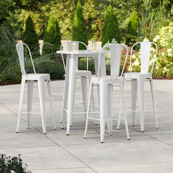 Lancaster Table & Seating Alloy Series 30" Round White Bar Height Outdoor Table with 4 Cafe Barstools