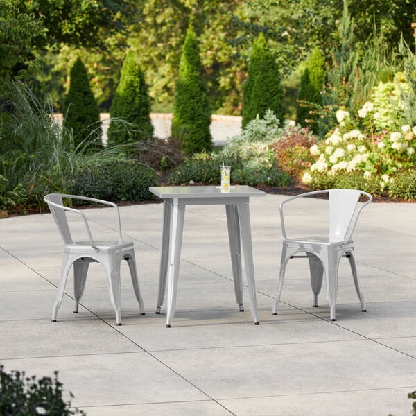 Lancaster Table & Seating Alloy Series 23 1/2" x 23 1/2" Silver Standard Height Outdoor Table with 2 Arm Chairs