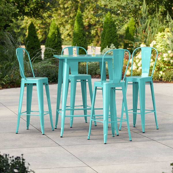 Lancaster Table & Seating Alloy Series 31 1/2" x 31 1/2" Seafoam Bar Height Outdoor Table with 4 Cafe Barstools