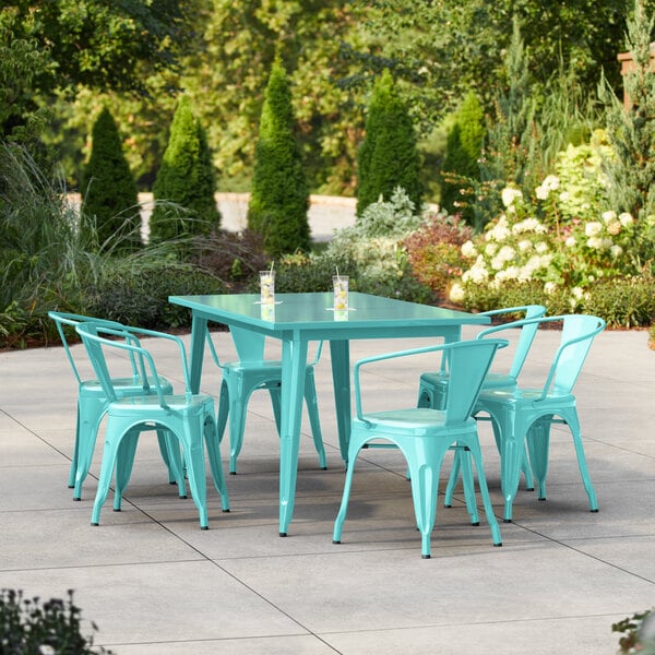 Lancaster Table & Seating Alloy Series 63" x 31 1/2" Aquamarine Standard Height Outdoor Table with 6 Arm Chairs