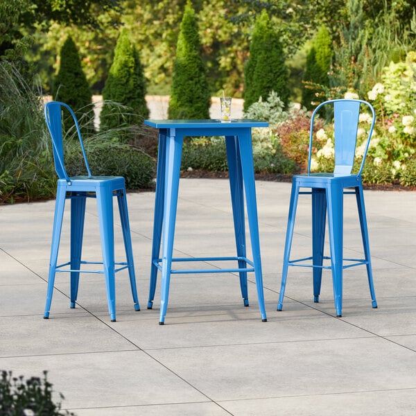 Lancaster Table & Seating Alloy Series 23 1/2" x 23 1/2" Blue Quartz Bar Height Outdoor Table with 2 Cafe Barstools