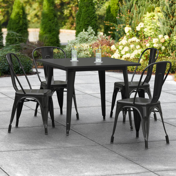 Lancaster Table & Seating Alloy Series 36" x 36" Black Dining Height Outdoor Table with 4 Industrial Cafe Chairs