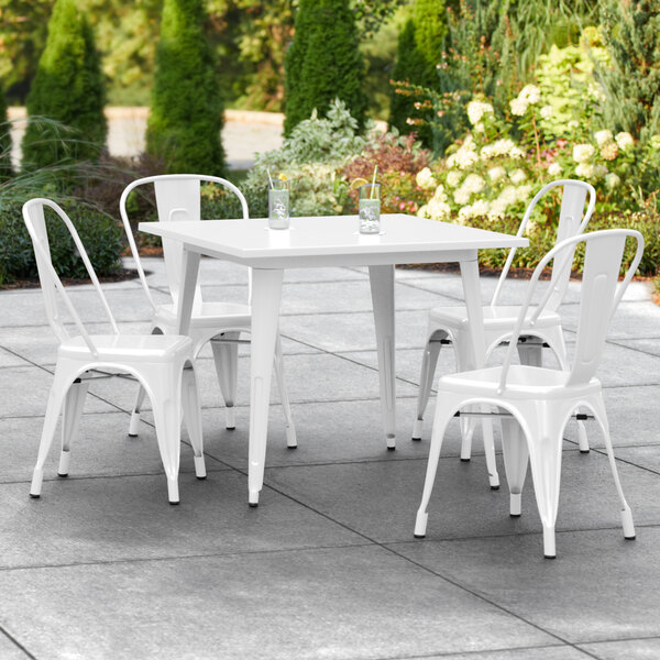 Lancaster Table & Seating Alloy Series 36" x 36" Square White Dining Height Outdoor Table with 4 Industrial Cafe Chairs