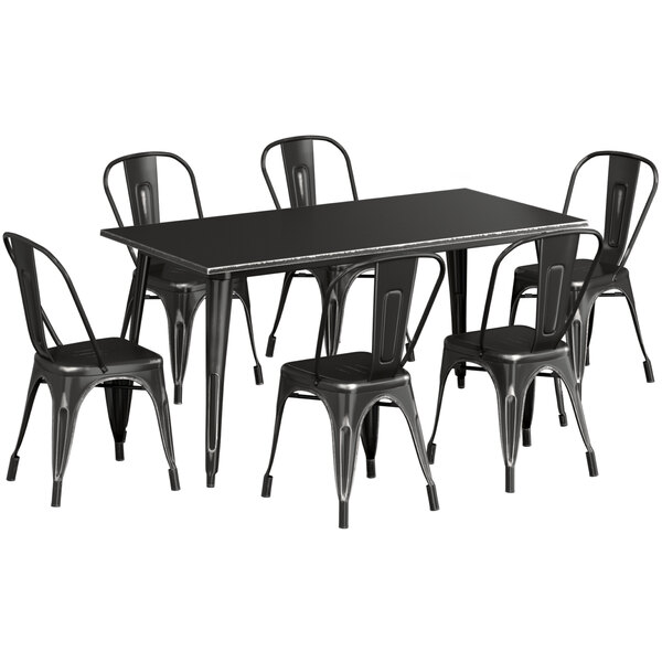 Lancaster Table & Seating Alloy Series 63" x 32" Distressed Black Dining Height Outdoor Table with 6 Industrial Cafe Chairs