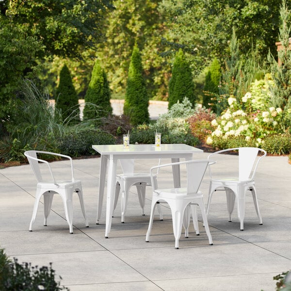 Lancaster Table & Seating Alloy Series 35 1/2" x 35 1/2" Pearl White Standard Height Outdoor Table with 4 Arm Chairs