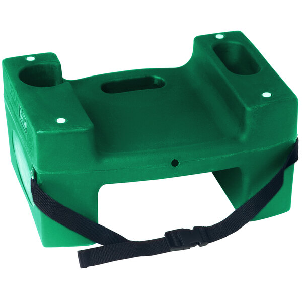 A green plastic Koala Kare booster seat with a black strap.