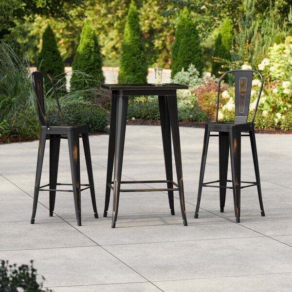 Lancaster Table & Seating Alloy Series 23 1/2" x 23 1/2" Distressed Copper Bar Height Outdoor Table with 2 Cafe Barstools