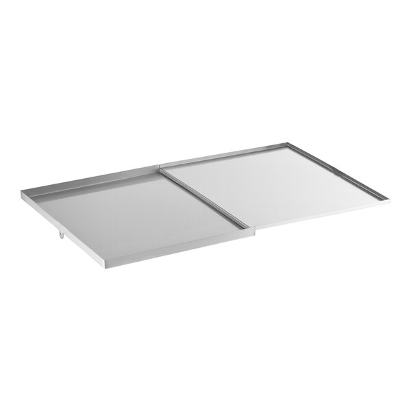 A rectangular, metallic sliding lid with raised edges, shown in two overlapping sections.