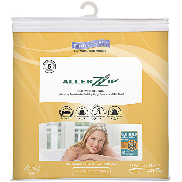 A white Protect-A-Bed AllerZip pillow protector with zipper closure.