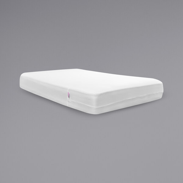 A white BedPure box spring encasement on a gray mattress.