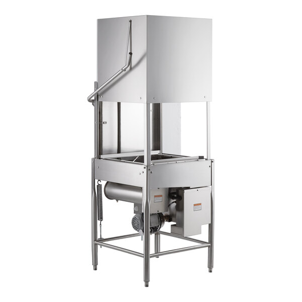 A commercial high temperature dishwasher with a stainless steel exterior and an upright, open-frame design.