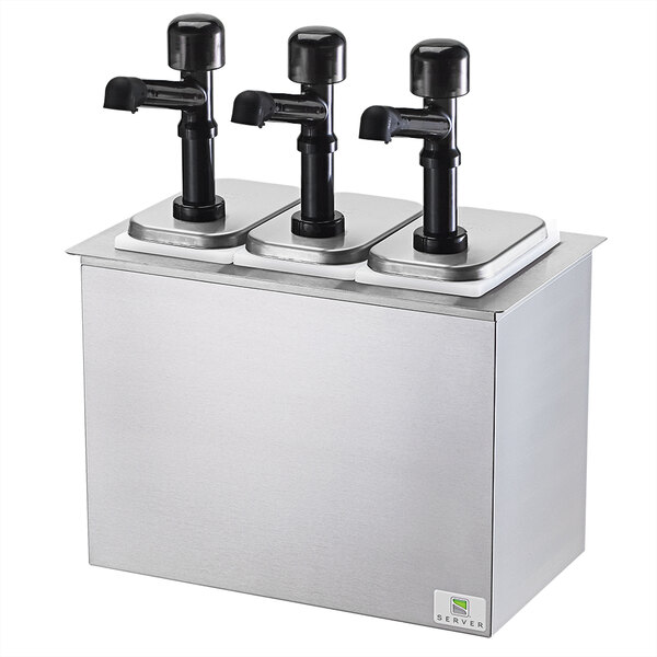 A silver rectangular cold station with 3 black solution pumps and jars.