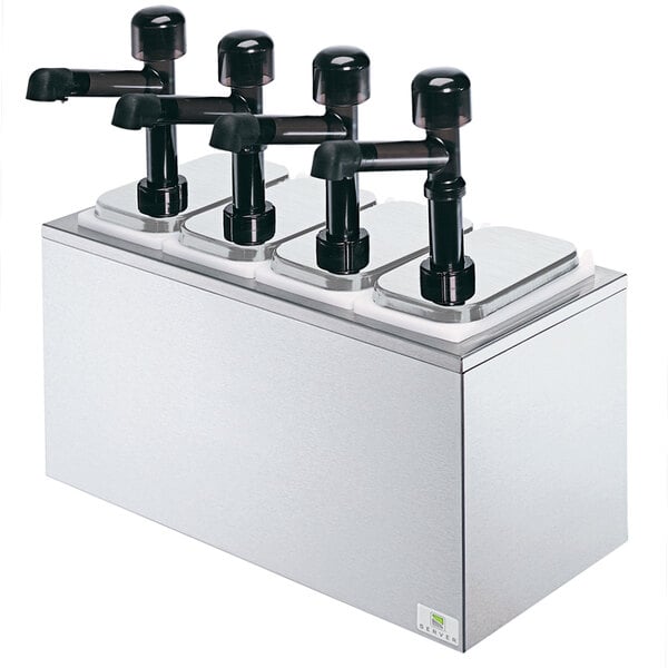 A Server countertop condiment dispenser with 4 pumps on a counter in a school kitchen.