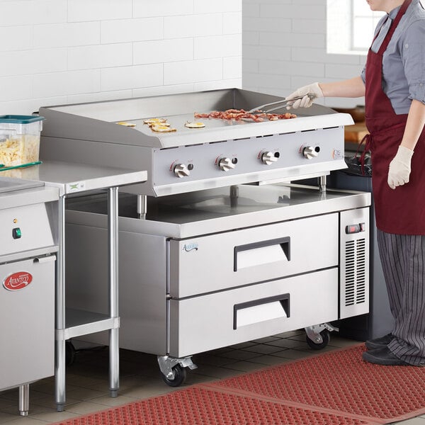 Cooking Performance Group G48 48" Gas Countertop Griddle with Manual Controls and 48", 2 Drawer Refrigerated Chef Base - 120,000 BTU
