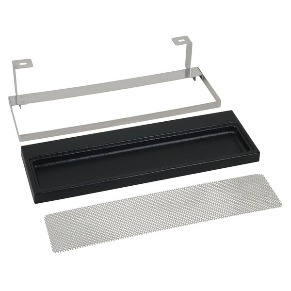 A black rectangular drip tray with a silver metal frame.