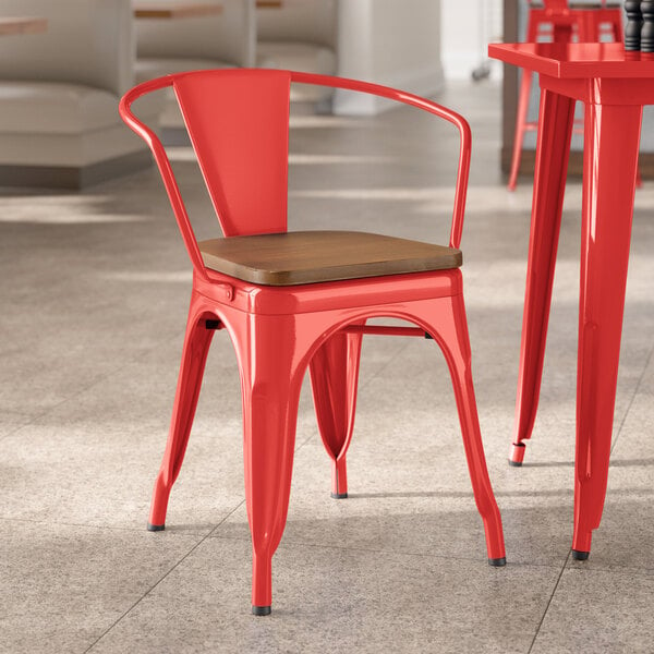 Lancaster Table & Seating Alloy Series Ruby Red Indoor Arm Chair with Walnut Wood Seat