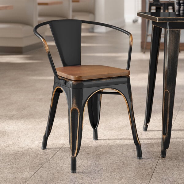 Lancaster Table & Seating Alloy Series Distressed Copper Indoor Arm Chair with Walnut Wood Seat