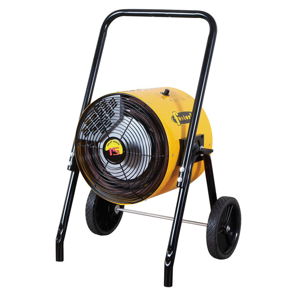 A yellow and black portable Fostoria electric salamander heater on wheels.