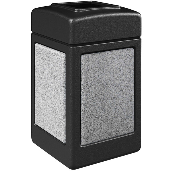 A black square Commercial Zone StoneTec waste receptacle with grey panels.
