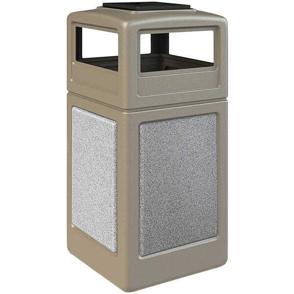 A beige StoneTec waste receptacle with grey rectangular ashtray dome lid.