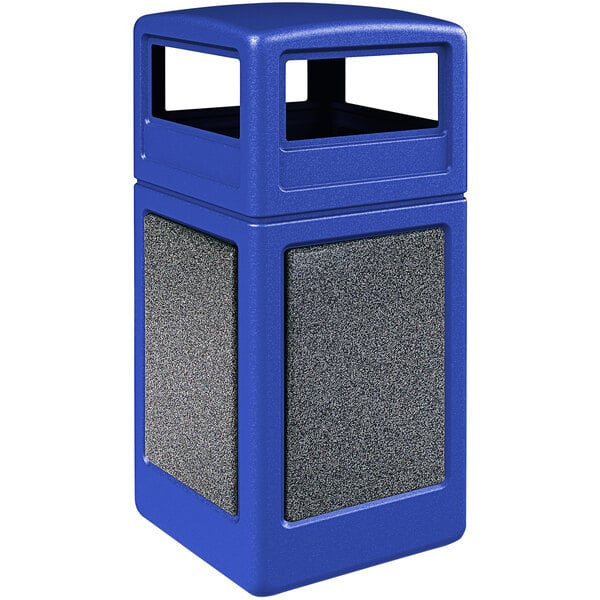 A blue rectangular Commercial Zone StoneTec trash can with a grey square dome lid.