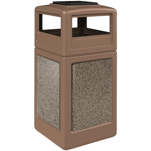 A brown Commercial Zone StoneTec waste receptacle with a square top and Riverstone panels.