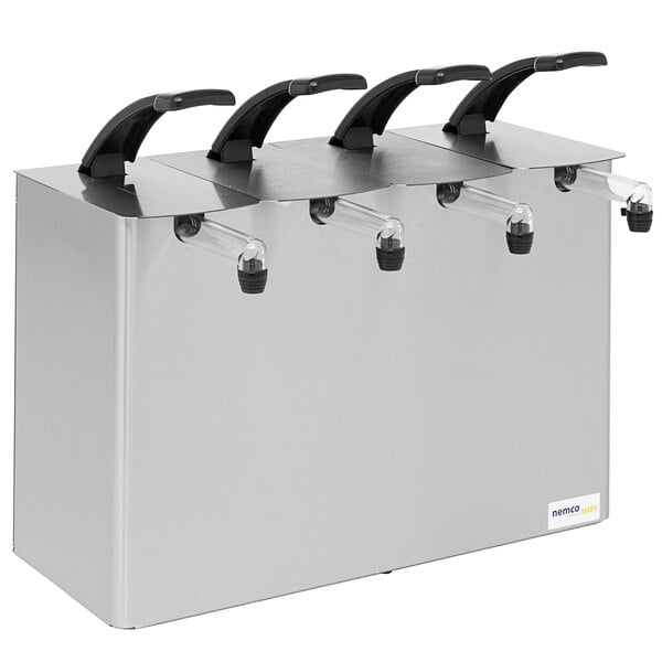 A silver stainless steel Nemco countertop pump dispenser with four black handles.