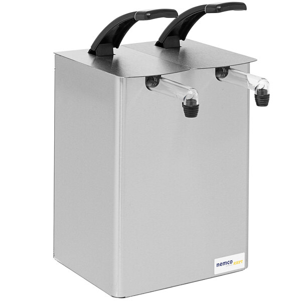 A silver rectangular Nemco stainless steel pump dispenser with black handles on two tubes.