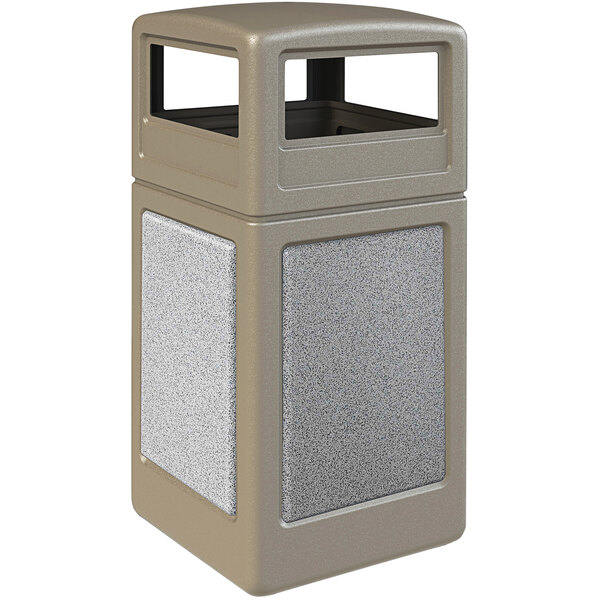A beige rectangular trash can with grey ashtone panels and a grey dome lid.
