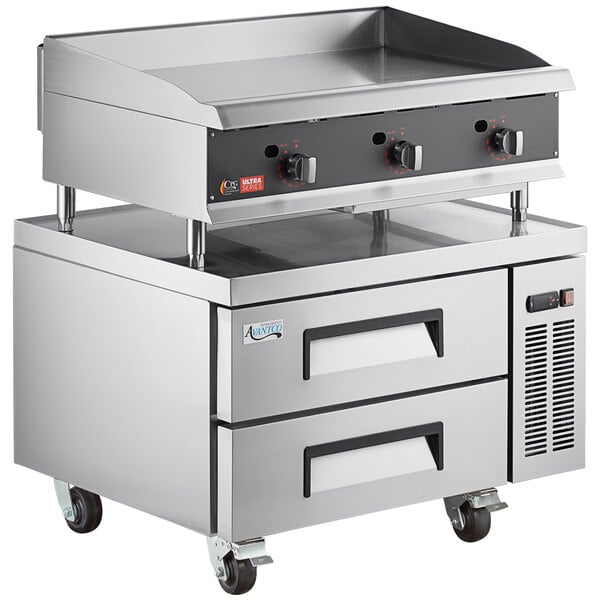 A Cooking Performance Group stainless steel countertop with 3 burners.