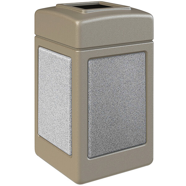 A beige stone-look rectangular waste receptacle with a square top and gray panels.